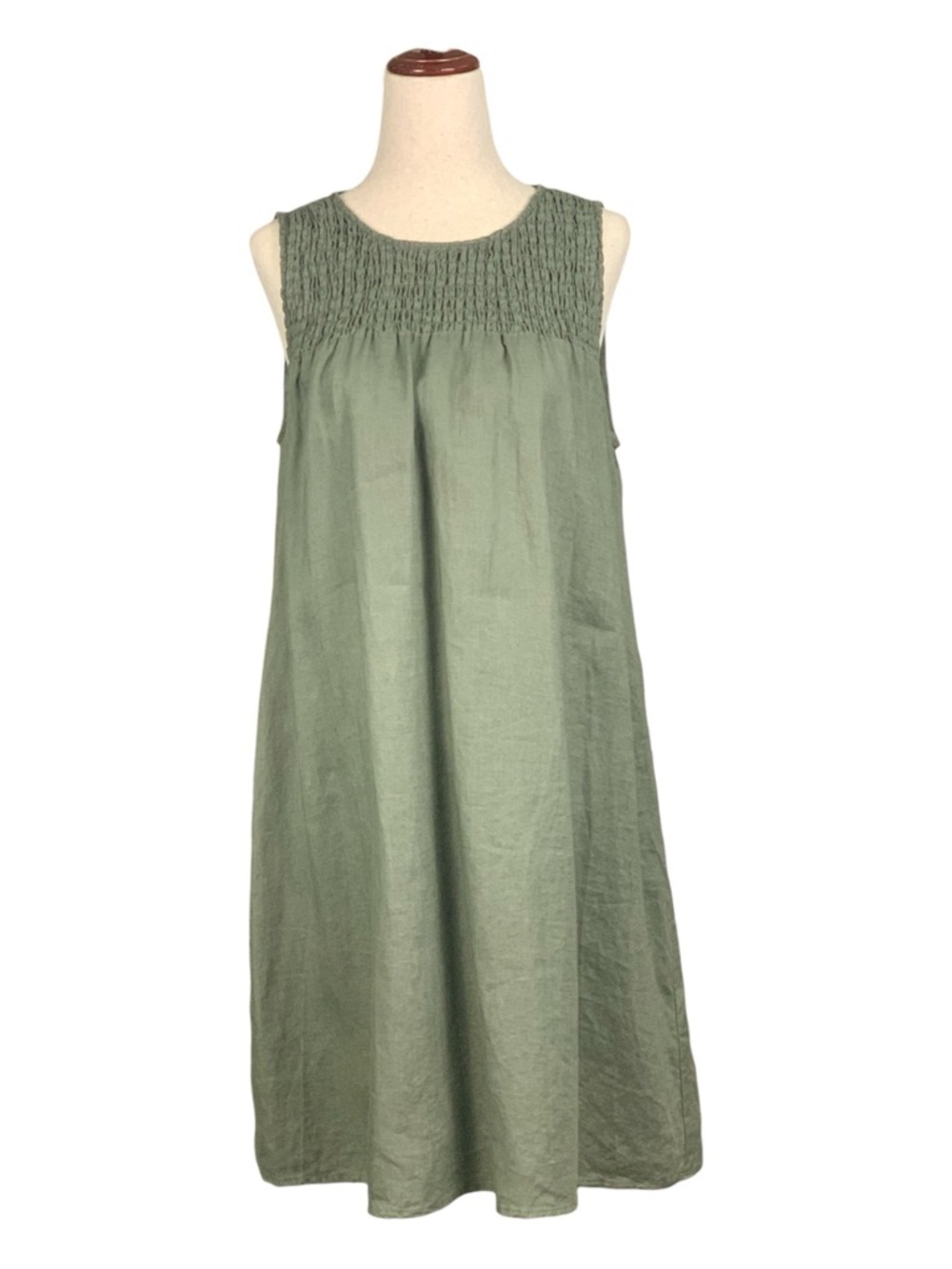 C&C California 100% Linen Smocked Green Sleeveless‎ Sun Dress Scandi Girl Small
